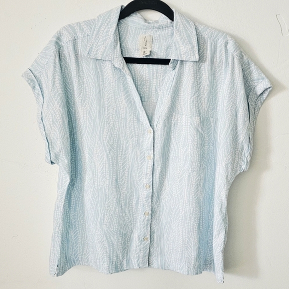 Joie Blue And White Linen Blend Short Sleeves Boxy Button Up Women Blouse Size L - Picture 1 of 5